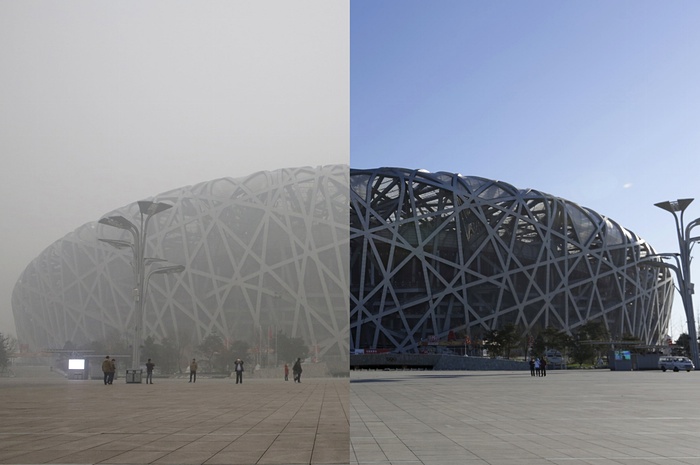 英媒发布北京雾霾和晴天对比照 反差巨大